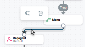 Het pop-upmenu dat verschijnt wanneer u een connectorlijn selecteert. Het menu bevat pictogrammen voor verwijderen en voorwaarden.
