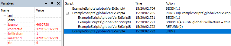 De trace op het moment dat het script terugkeert naar Script A. Het script bevat nog steeds de variabele iwillreturn, maar deze is niet langer globaal.