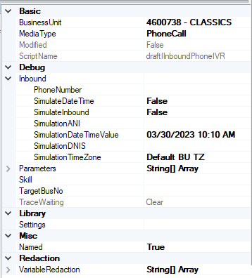 Afbeelding van het tabblad Scripteigenschappen met het gedeelte Inbound parameters.
