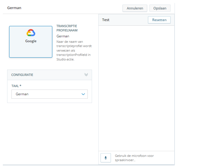 De eigenschappenpagina voor een transcriptieprofiel, waar u de taal kunt instellen en het profiel kunt testen.
