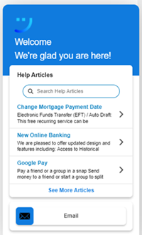 Um guiaGuide modelo que oferece artigos que respondem a perguntas comuns e um botão para enviar uma mensagem de email.