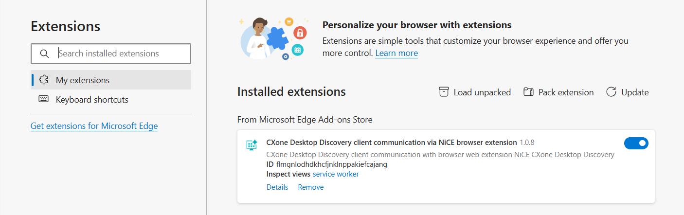 Imagem da extensão de comunicação Desktop Discovery Client para Edge navegador.