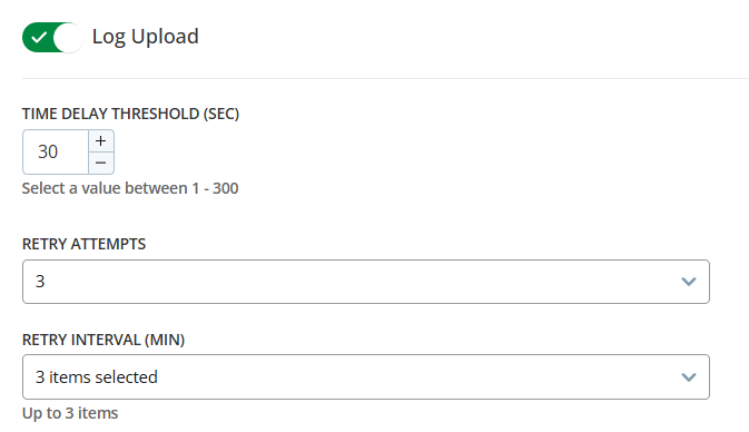 Imagem das opções de upload de log.