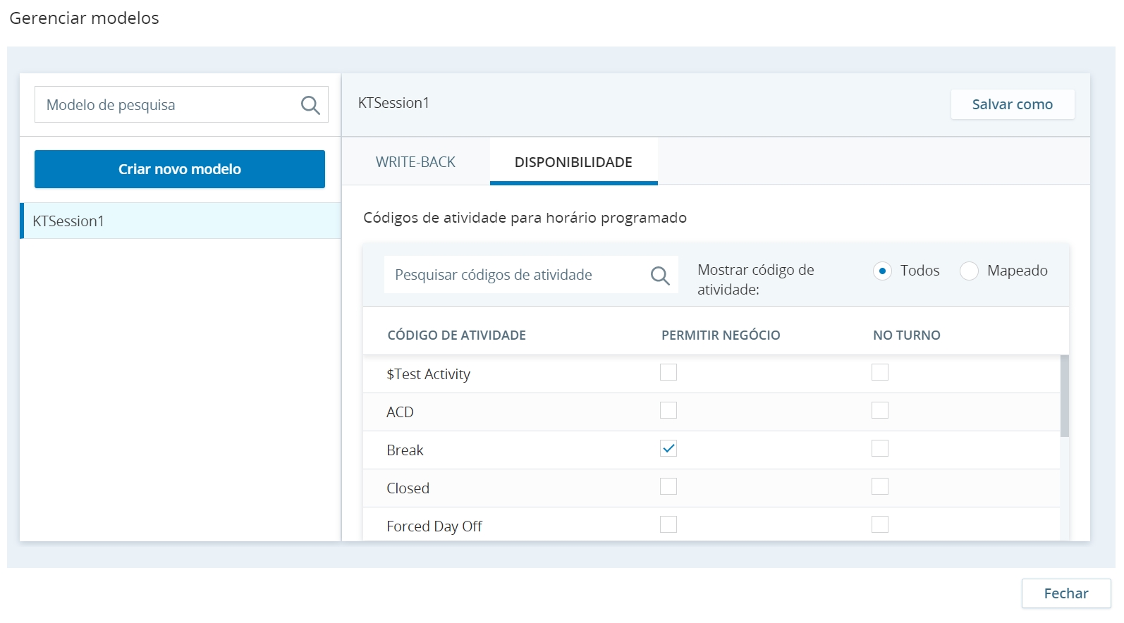 gerenciar modelos para mapeamento de código de atividade