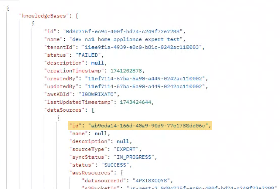 O atributo id na parte superior da matriz dataSources é realçado. Seu valor é uma string alfanumérica longa.