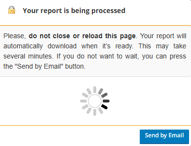 Um pop-up com uma tela de carregamento e um botão para Enviar por e-mail.