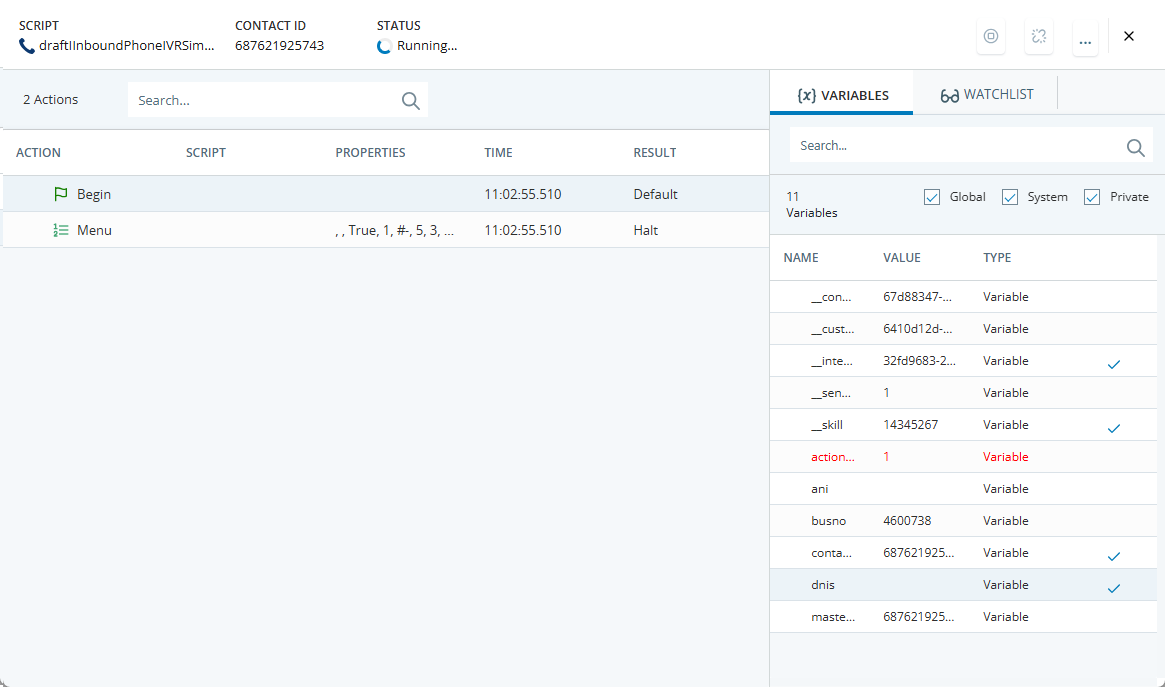 A janela de Saída de rastreamento, mostrando as ações no script e as variáveis do sistema passadas ao script na guia Variáveis.