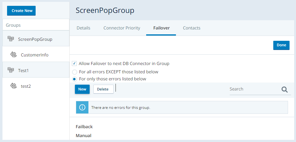 DB Connector 中的“故障切换”选项卡展开以显示详细信息。