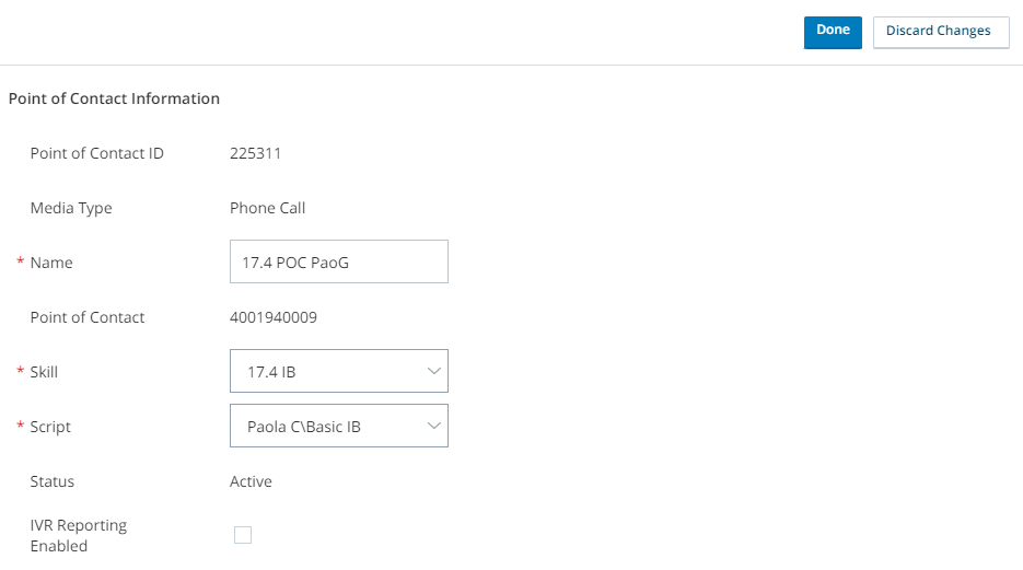 在选定脚本的情况下，CXone Mpower 中的 ACD 应用程序中的联络点的“详细信息”选项卡。