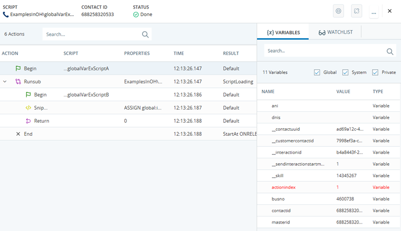 追踪中的步骤 1。 该脚本包含 ANI、DNIS、busNO、contactID 和 masterId 的预定义变量。 无任何全局变量。