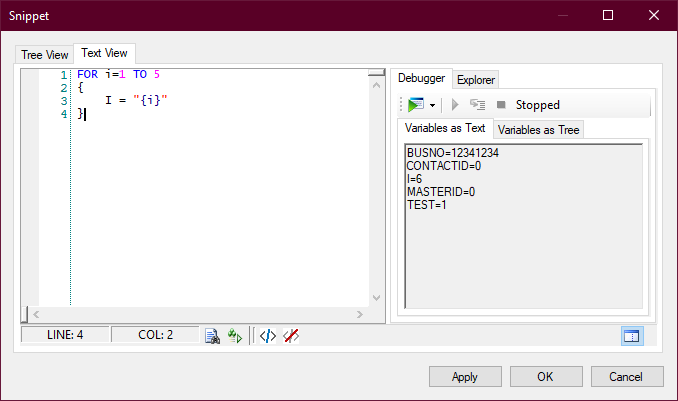 “代码片段属性”窗口的图像，显示了不同的调试元素。