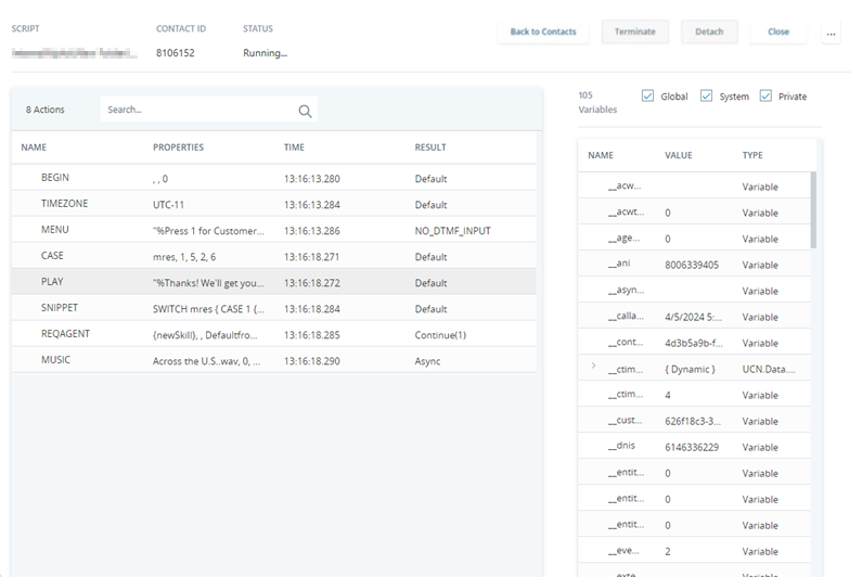 “跟踪输出”窗口m，显示呼入语音脚本上的跟踪的输出，包括触发“播放”操作后脚本中的变量。