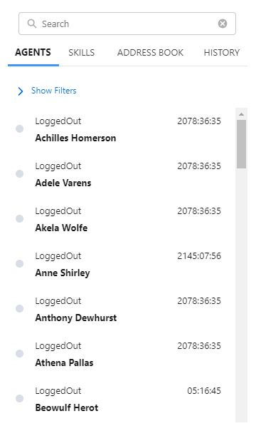 Salesforce Agent 中的通讯录，包含坐席、技能、通讯录（用于客户联系人）和历史记录选项卡。