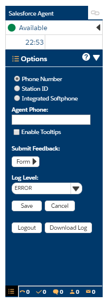 Salesforce Agent 中的「選項」螢幕。 變更為電話號碼、工作站 ID 或 Integrated Softphone；提交意見；並登出。