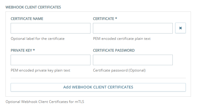 「自訂交換終點配置」頁面的 Webhook 用戶端憑證部分，您可在此配置 mTLS 用戶端憑證。