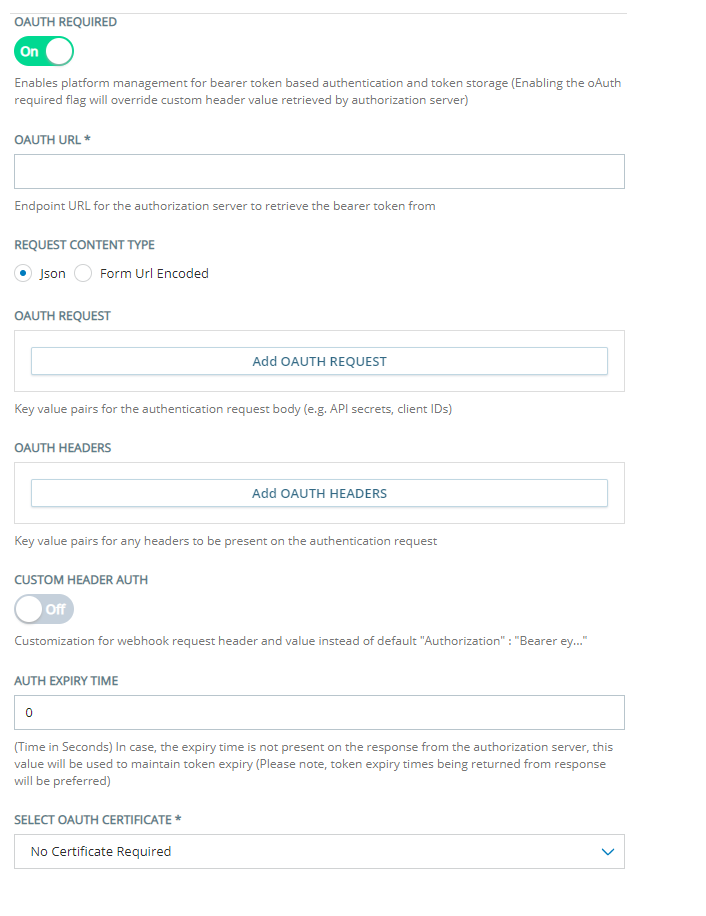 「自訂交換終點配置」頁面的「需要 OAuth」部分，您可在此配置 OAuth 動態授權。