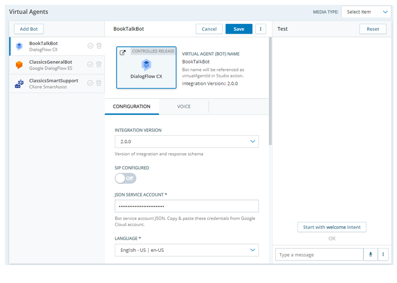 Virtual Agent Hub 中機器人的屬性頁面，頁面右側顯示「測試」窗格。